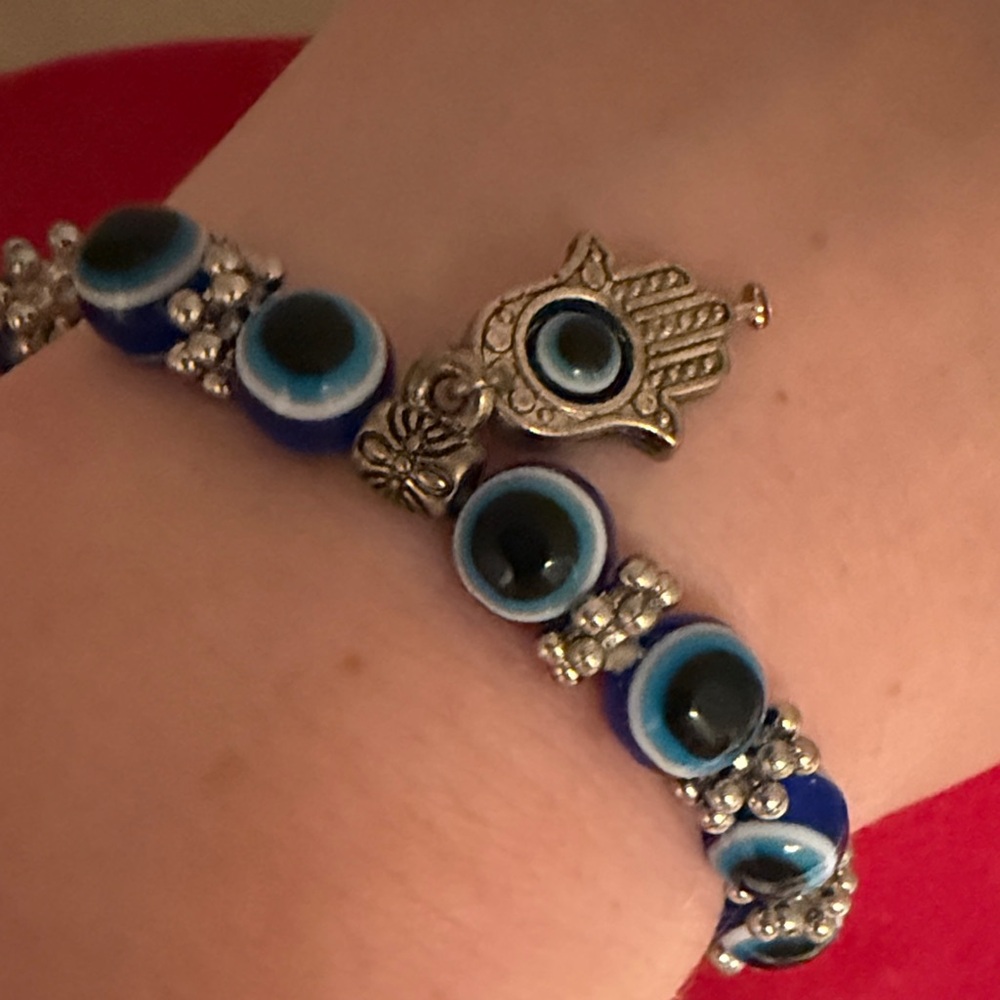 Blue and Silver Evil Eye 🪬 Beaded Bracelet with Hamsa Charm